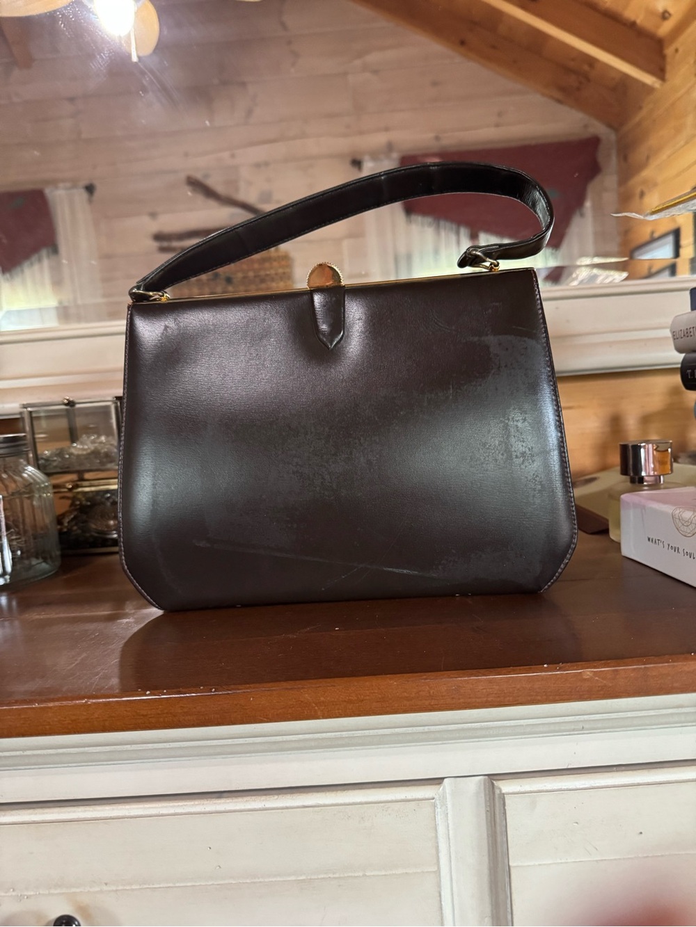 Your Grandmachic Classic Vintage Structured Top-Handle Black Leather Handbag